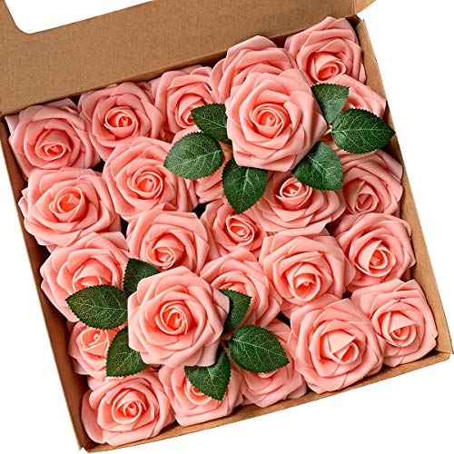 Acde Fleurs Artificielles Roses Artificielle 25pcs Mousse Rose Faux Regard Réel Avec Feuille Et Tige Ajustable Pour Diy Mariage Bouquets Mariée Fête