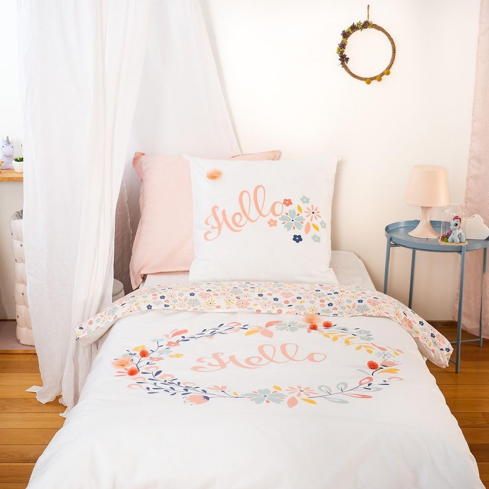 Parure de lit enfant 140x200 cm coton Hello housse de couette et taie d'oreiller