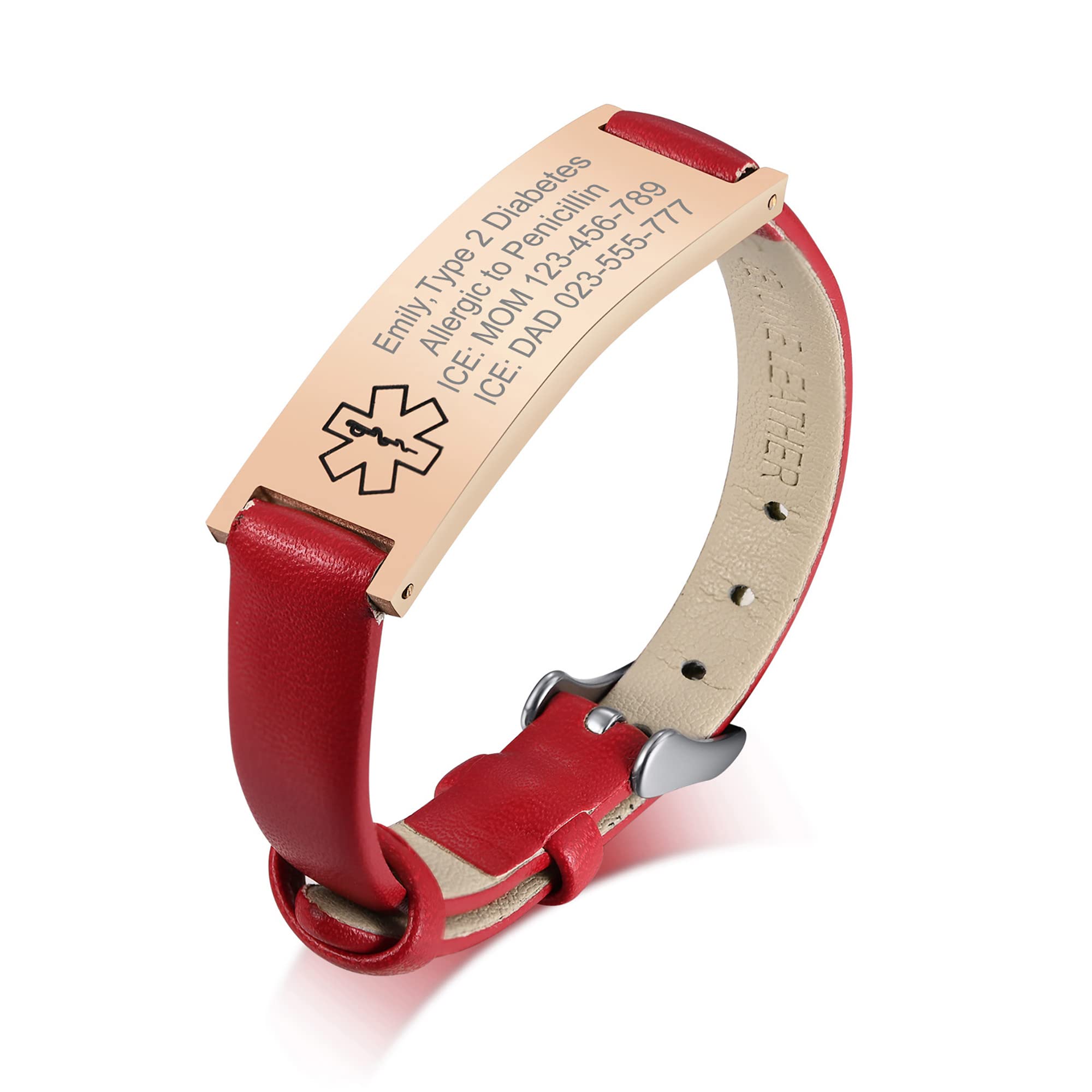 VNOX Customize Medical ID Leather Bracelet for Women Girl Personalise Engraving Medical Alert Leather Wrist Cuff Bracelet Satinless Steel Engraving Metal and Clasp,RR Color