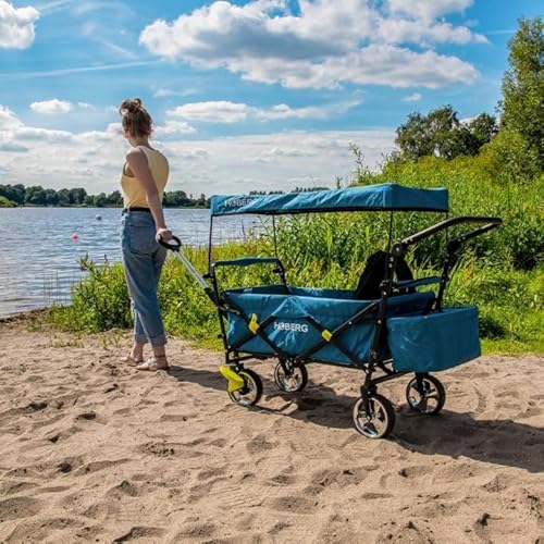 Hoberg Faltbarer Premium-Bollerwagen inkl. Dach (LSF30) | Getränkehalter, Kühltasche, Bremsen, Handwagen, Transportwagen [80kg Tragkraft/Blau] - 10