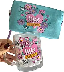 Kit Caneca de Vidro 320 ml e Necessaire Com Alça Removível, Dia das Mães Com Frase Mãe Eu Amo Você - Presente Criativo, Personalizado, Útil, Elegante, Especial e Cheio de Carinho