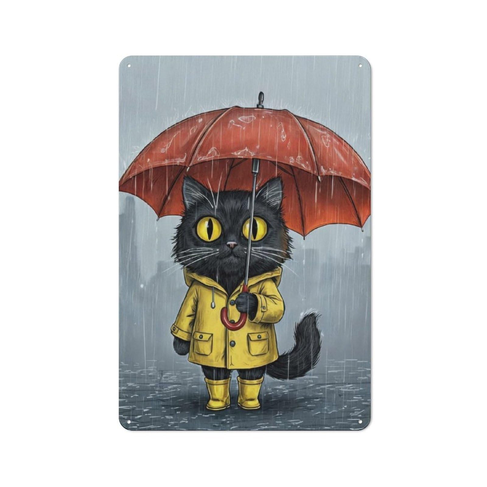 Junmoney Style-10 For Hobby Room Or Studio, Black Cat In Raincoat With Umbrella Retro-Style Tin Sign 30X20cm, For Room Styling Across Hobby Rooms And Studios