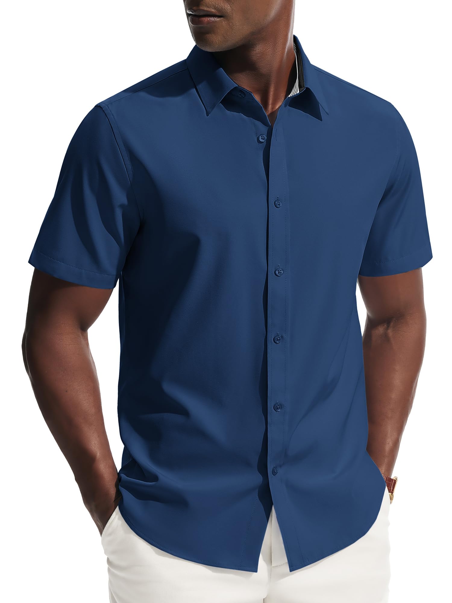 PJ PAUL JONES Mens Short Sleeve Dress Shirts Stretch Wrinke Free Untucked Business Casual Button Down Shirt Regular