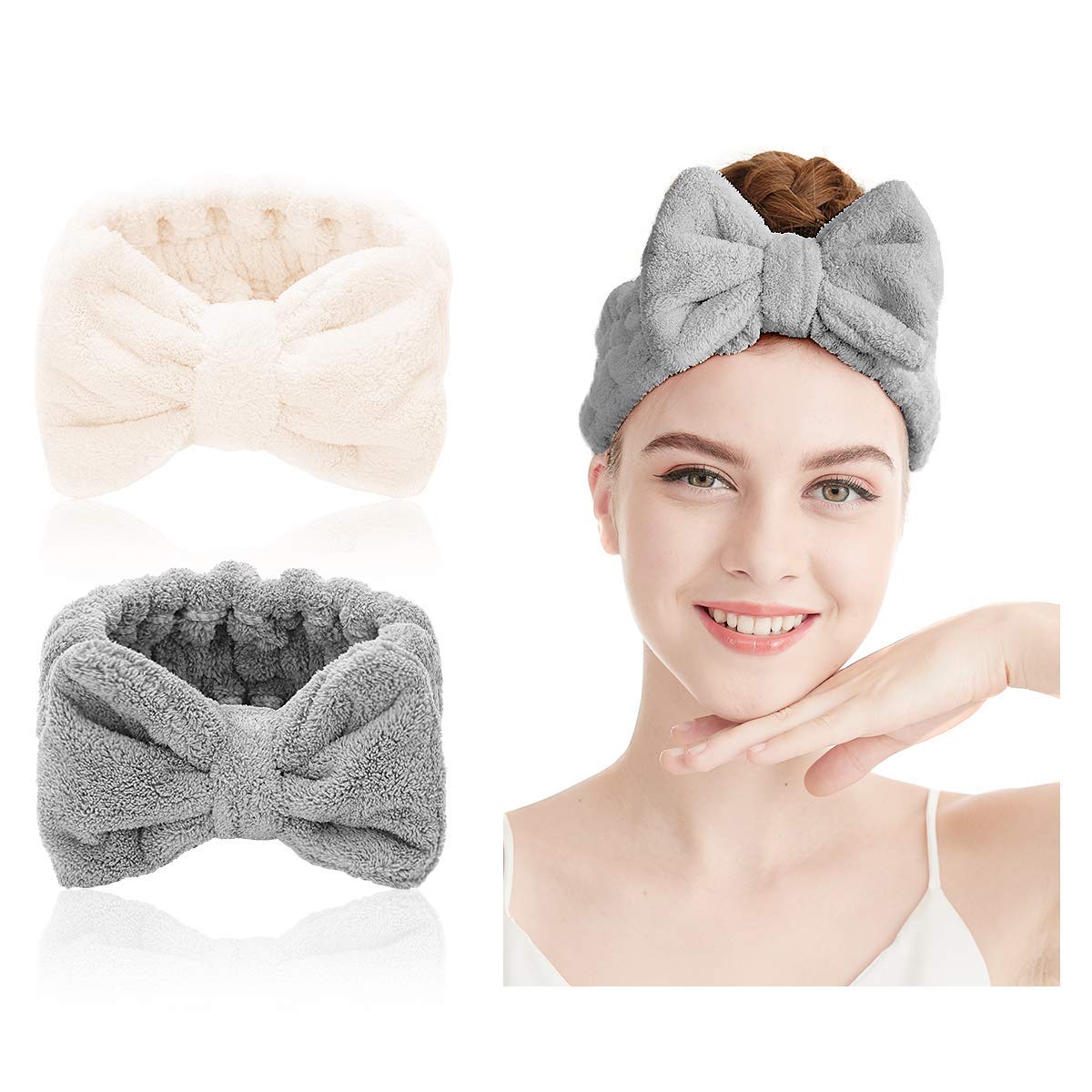 AMERTEER Microfiber Bowtie Headbands, 2 Pack Spa Facial Makeup Headband Yoga Sports Shower Adjustable Elastic Cosmetic Bowknot Hair Band for Girls and Beauties