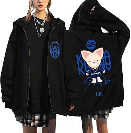 BaeKnyin Stray-K1ds Felpa con Cappuccio da Donna con Stampa Y2k Maglie Manica Lunga Giacche Harajuku Han Felix Seungmin I.N XS,Black1-2