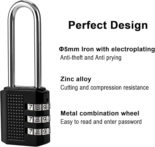 Miniatura 4 de Paquete de 4 cerraduras de combinación pequeña de grillete largo de 2.2 pulgadas, combinación de candado con códigos de 3 dígitos, cerraduras de