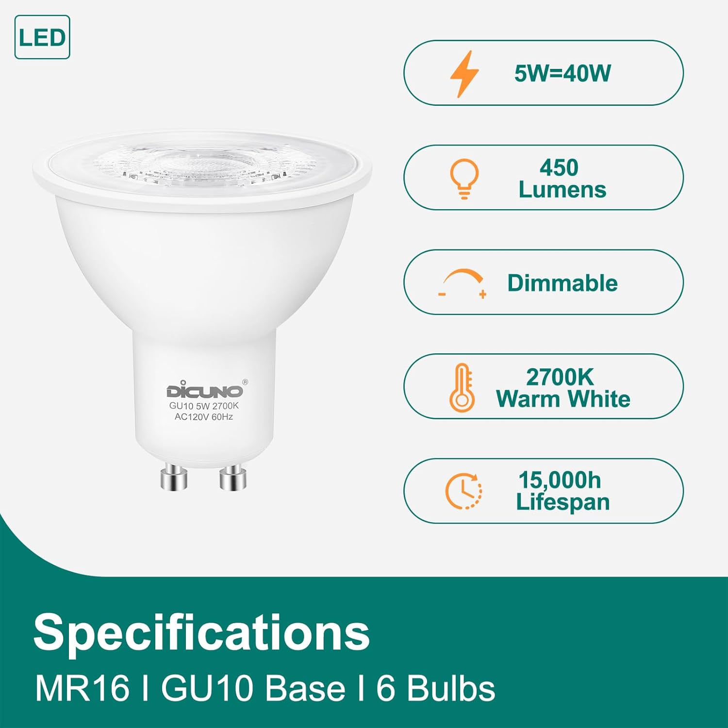 DiCUNO GU10 LED Bulb Dimmable, 40W Equivalent, Warm White 2700K, 450LM, MR16 GU10 LED for Spotlight, Track Lighting, 5W Light Bulb with 38° Beam for Living Room, Kitchen, Range Hood, Pack of 6