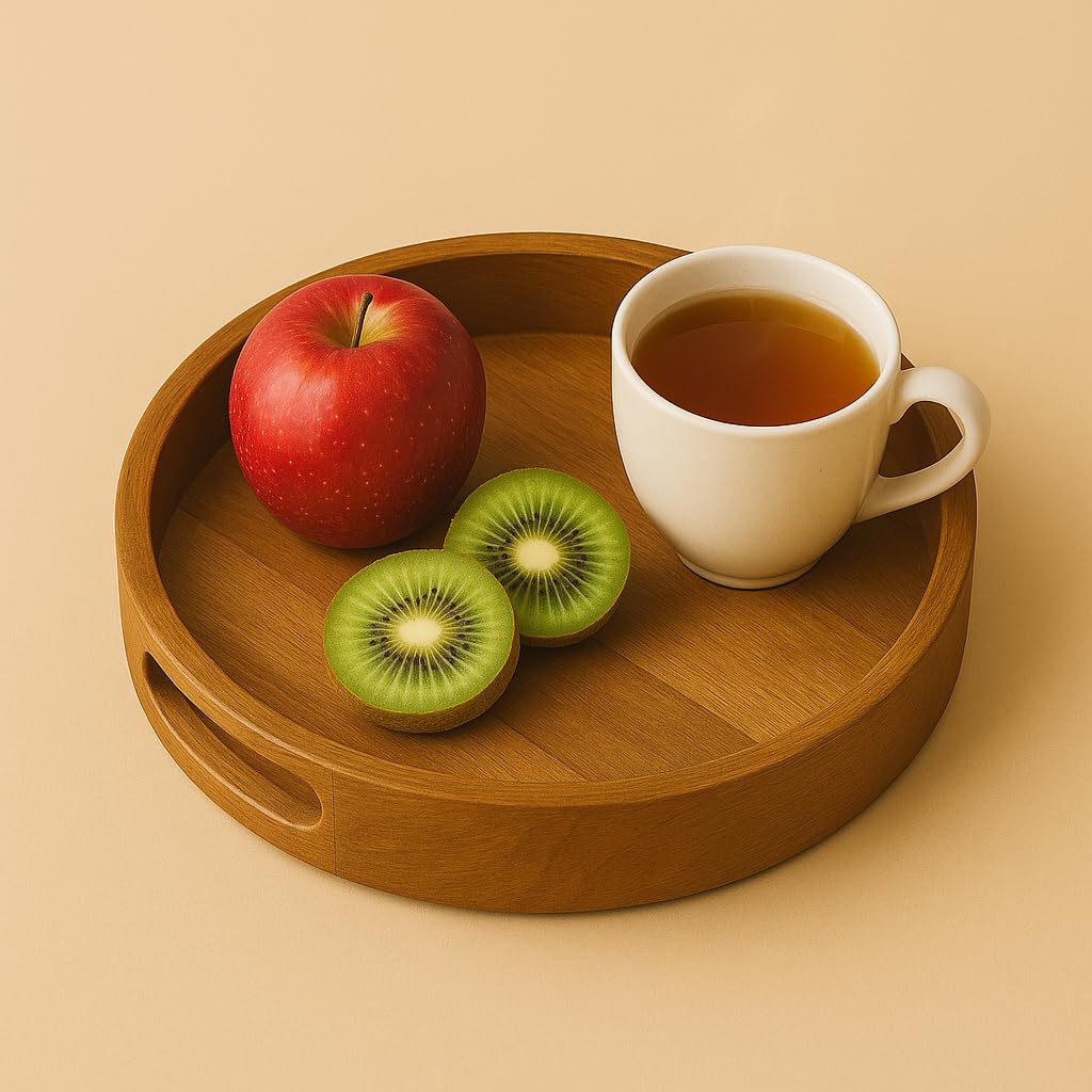 Craft Expertise Round Wooden Serving Tray - 11x11 Inches, Decorative Rustic Brown Mango Wood Platter with Handles - Handmade Home Décor Tray for Coffee Table, Kitchen (Pack-1) 2