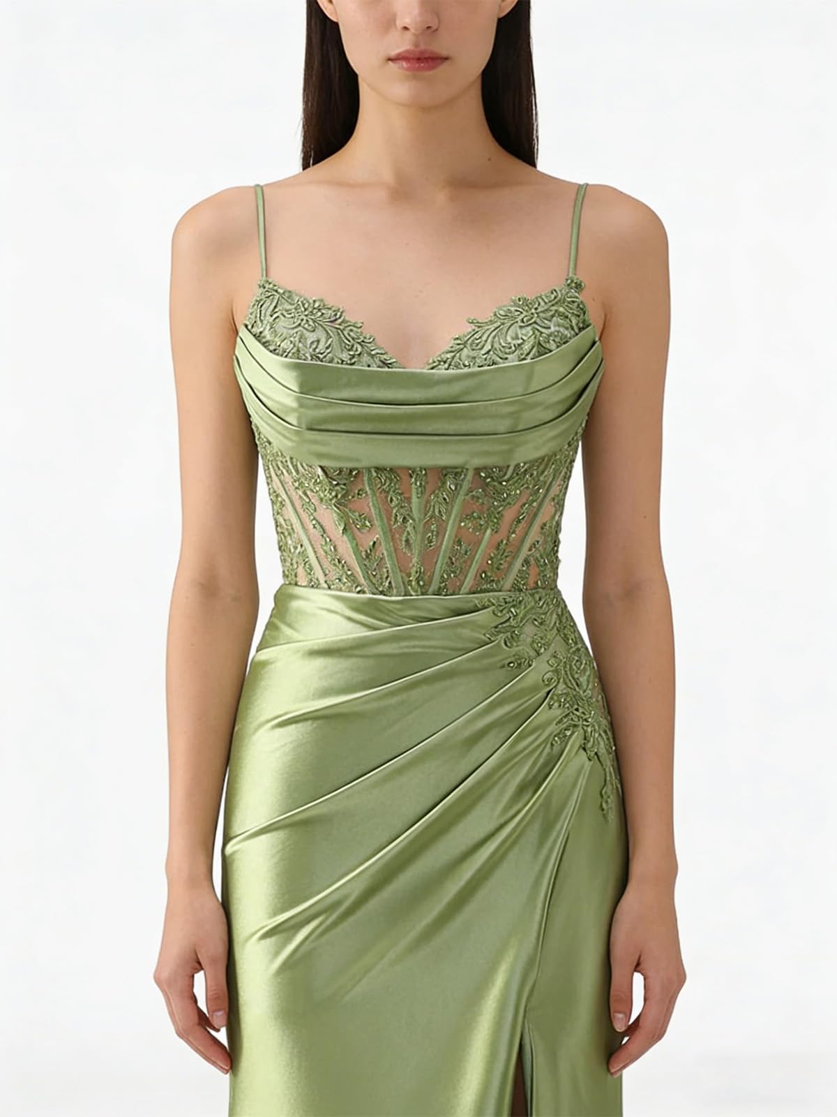 JAEDEN Spitze Satin Ballkleider mit Schlitz Damen Meerjungfrau Abiballkleider Spaghettiträger Abschlusskleider