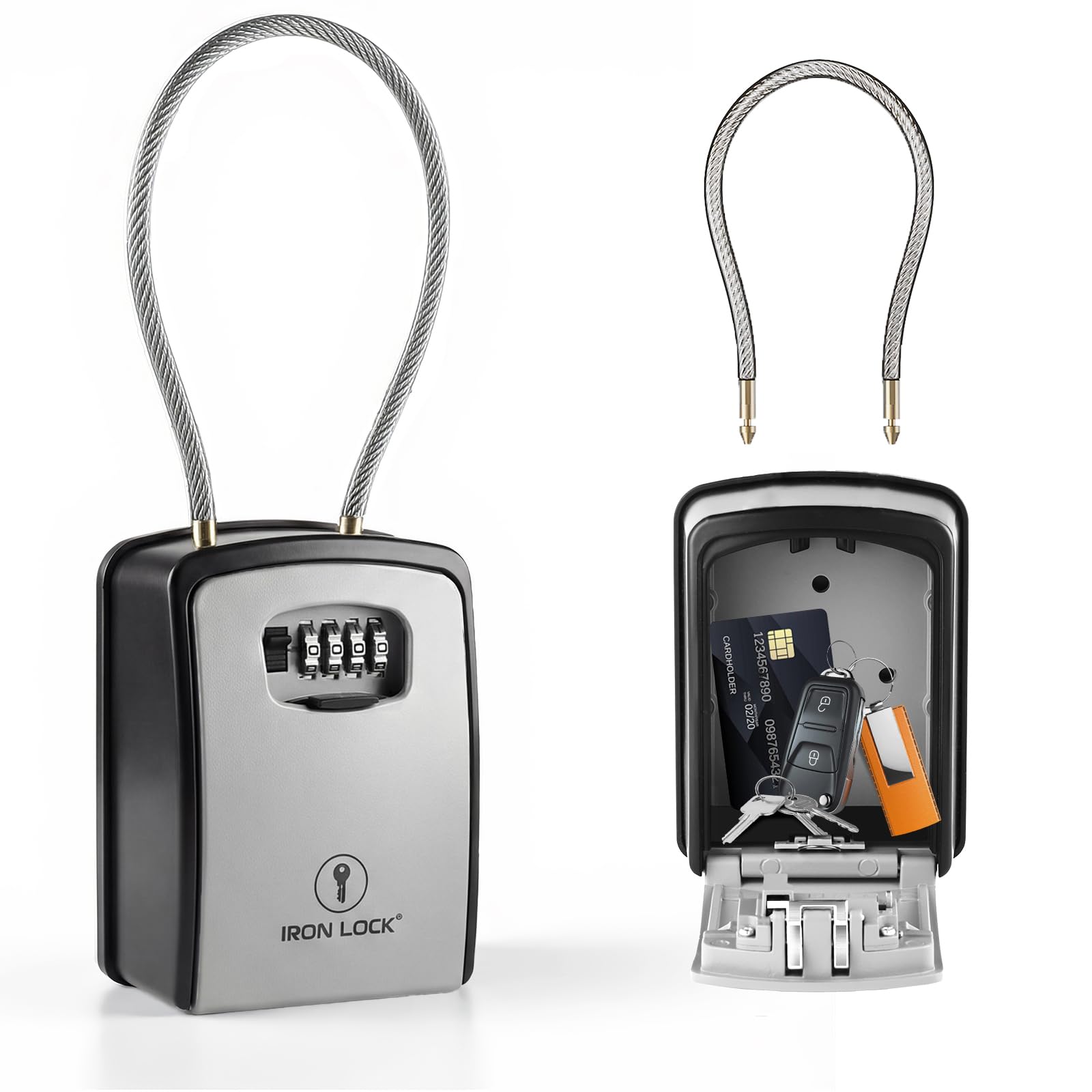 Iron Lock IL-porable05XXLG 3 Portable Wall Mounted Key Removable Cable Handle Waterproof Indoor 4 Digit Combination with Resettable Code Outdoor Lock Box, Grey