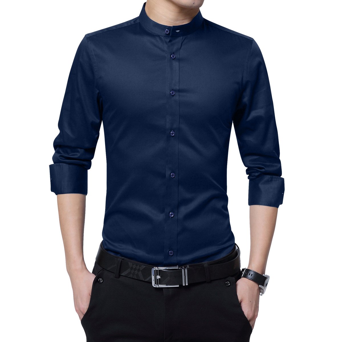 Sliktaa Mens Grandad Coar Dress Shirts Sim Fit ong Seeve Forma Shirts Soid Tuxedo Shirts 100% Cotton, Dark Blue, L