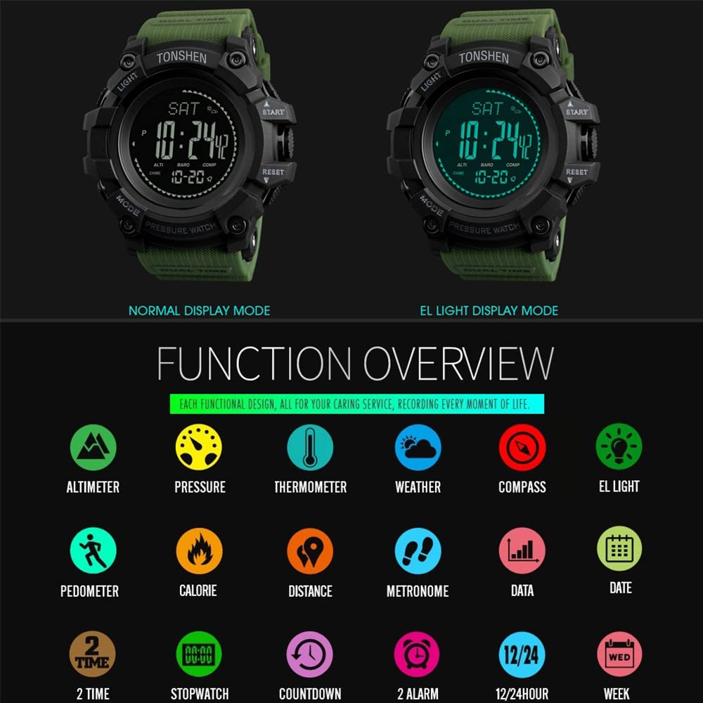 TONSHEN Uomo Outdoor Militare Sportivo Bussola Orologi da Polso Plastica LED Elettronico Multifunzione Altimetro Termometro Pedometro Calorie Doppio Tempo Allarme Digitale Orologio