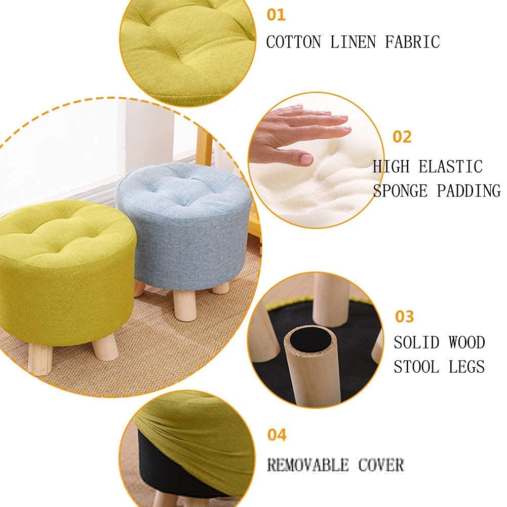 Pouf in Legno, poggiapiedi Imbottito, poggiapiedi Rotondo in Lino con 4 Gambe in Legno, Piccolo Sgabello per Soggiorno, Camera da Letto, Giardino, Blu 31x31x28 cm
