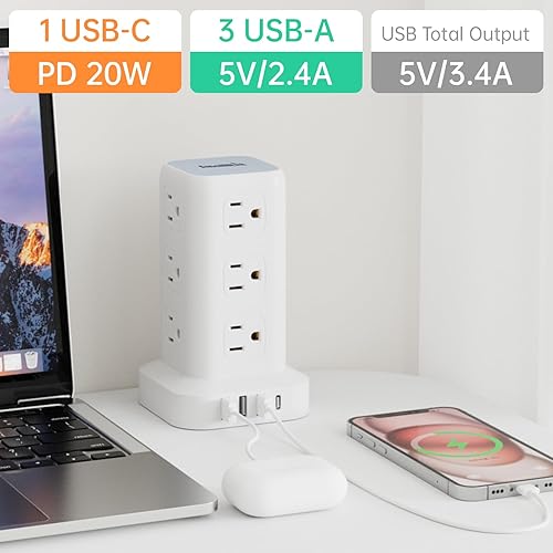 Miniatura 5 de PD20W - Regleta de alimentación con protección contra sobretensiones, cable de extensión de 16.5 pies, regleta de alimentación con 12 salidas USB