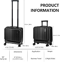 TydeCkare 16 hüvelykes kézipoggyász 2 laptop rekesszel, fekete bőrönd 3