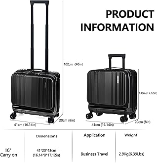 TydeCkare 16" Carry on Luggage with 2 Laptop Compartments, Lightweight Hardshell ABS+PC Suitcase with Dual Control TSA Lock, with YKK Zipper, 4 Spinner Silent Wheels, for Business Travel, Black