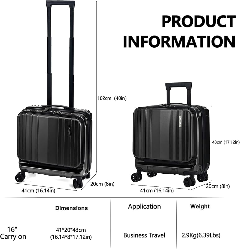 TydeCkare 16 hüvelykes kézipoggyász 2 laptop rekesszel, fekete bőrönd