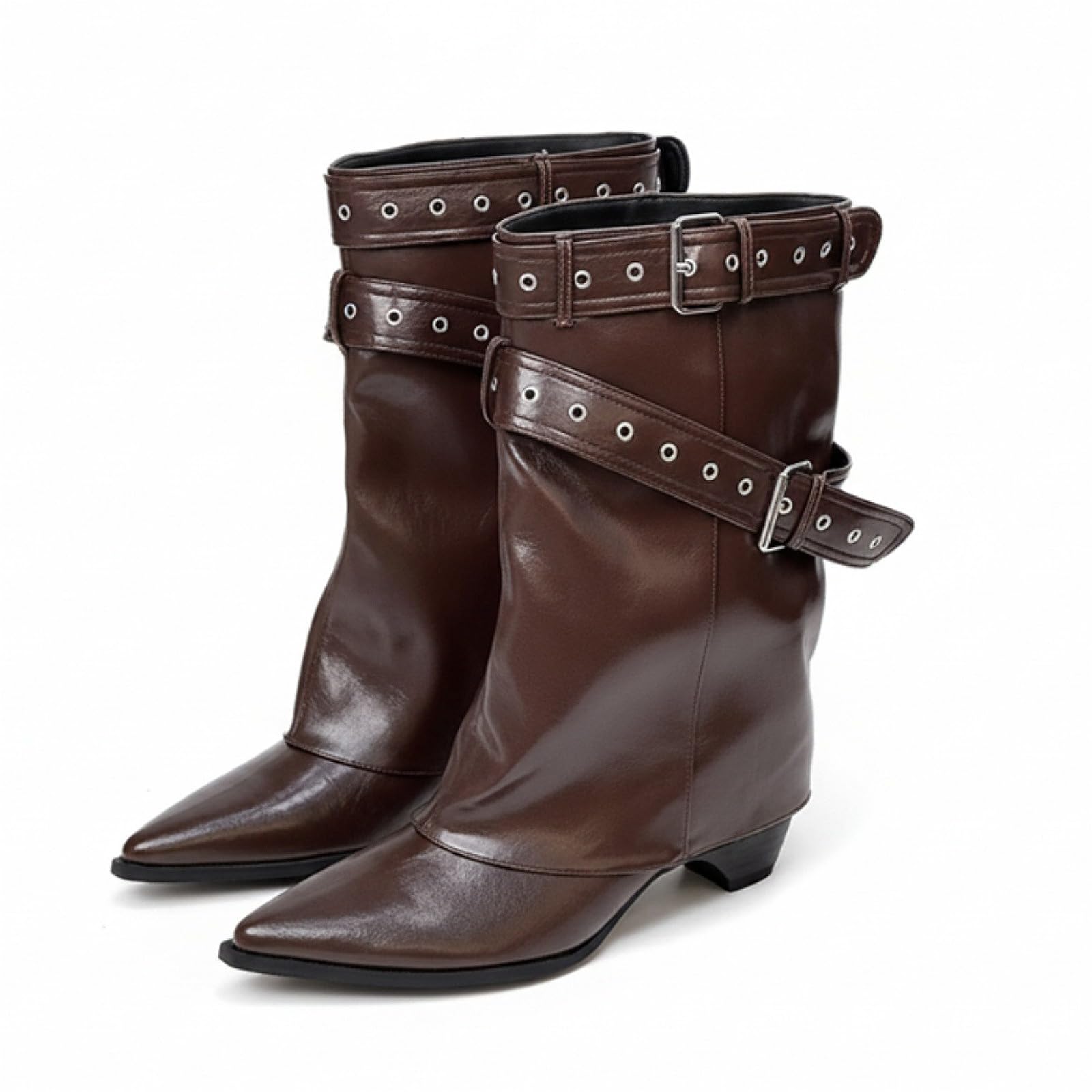 Womens Boots Mid Calf Fold Over Chunky Pointed Toe Fashion Studded Buckle Block Heel Combat Boots