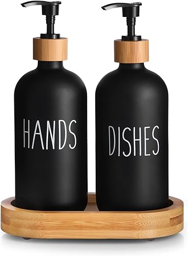 HULISEN Juego de dispensador de jabón para platos con bandeja alta de bambú, juego de dispensador de jabón de cocina, juego de dispensador de jabón