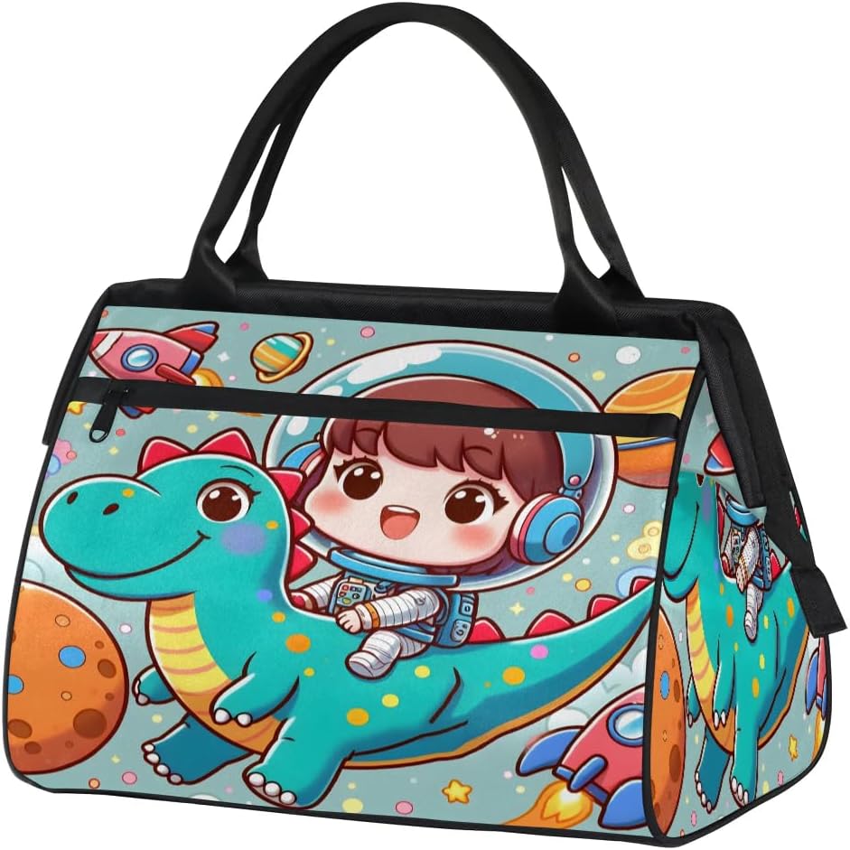 Astronaut Rockets Dinosaur Travel Duffle Bag, Waterproof Duffel Bag Weekender Overnight Carry On Bag Lightweight Sport Gym Bag for Men Women