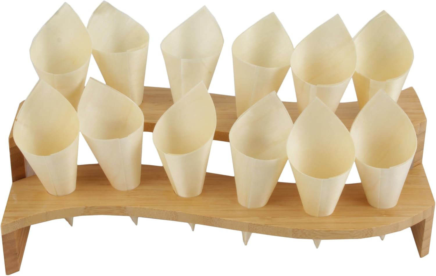BambooMN 13" x 5.7" x 3.5" Bamboo S Wave Multi Level Food Cone Holder Display Tamaki Stand for Buffet, Restaurant, or Catered Events, With Wood Cones and Skewer Picks, 1 Set