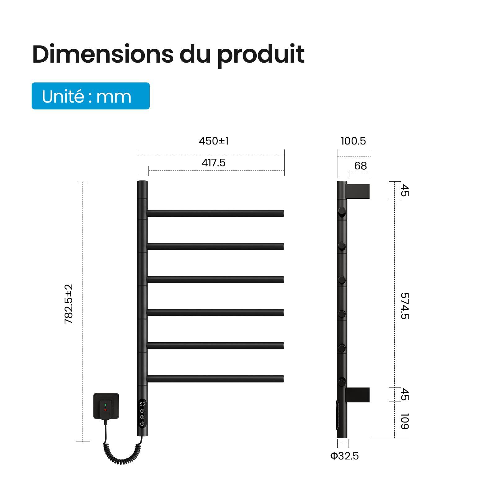 Heilmetz 78x45 mm Sèche-Serviette Électrique 180° Rotatif 135W, Chauffage Salle de Bain WiFi Intelligent avec APP & Commande Vocale, Chauffage à Fibre de Carbone, 30-70℃, Minuterie 1-24h, Noir