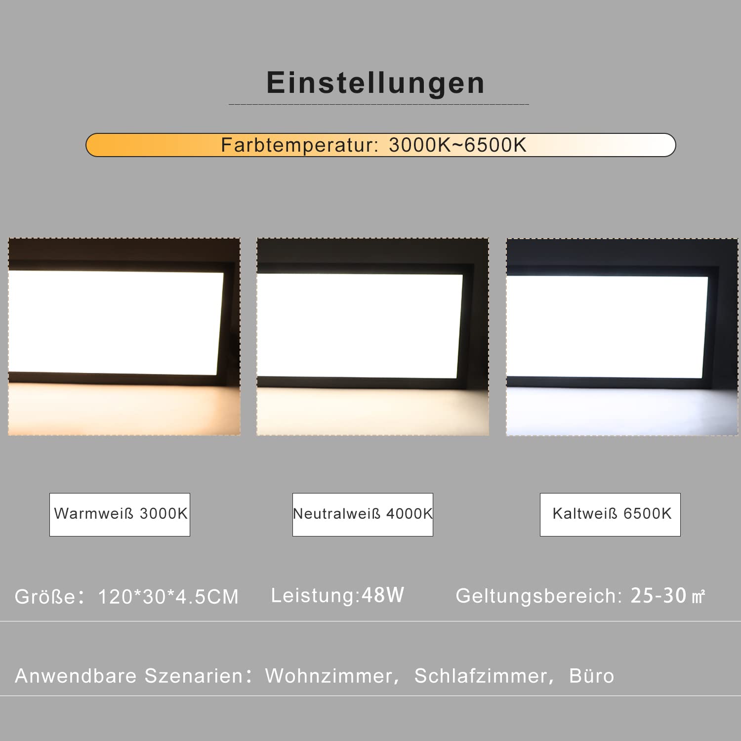 CBJKTX Panel LED Negro Lámpara de Techo Regulable - 120x30CM Lámpara de | Techo Oficina Plana con Control Remoto Lámpara de Salón 48W Lámpara de Cocina Panel de Techo para Cocina Dormitorio Pasillo