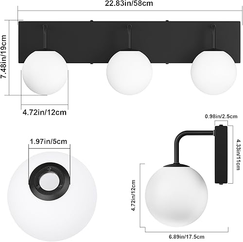Miniatura 5 de Tipace Lámparas de tocador de baño modernas de 3 luces negras sobre el espejo, luces de tocador de mediados de siglo con globo de vidrio blanco