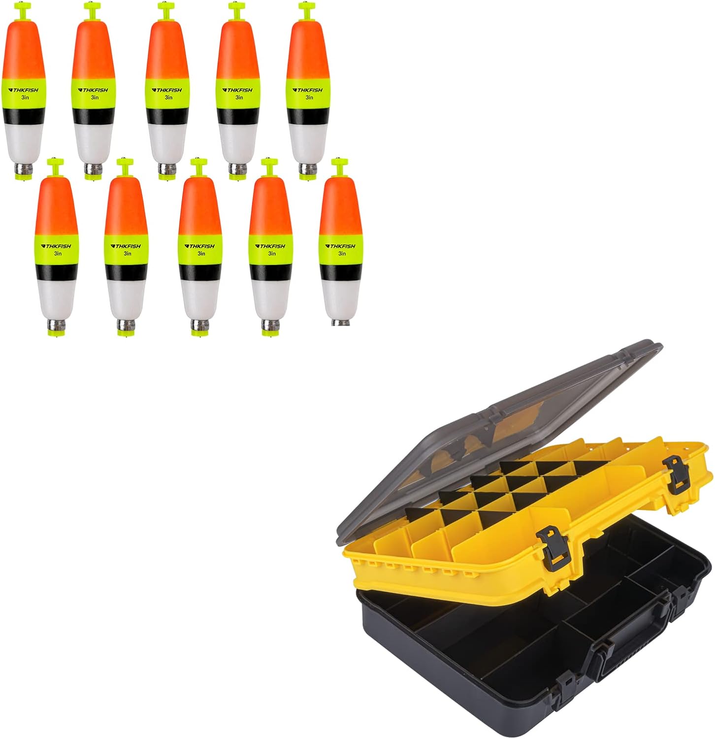 THKFISH EVA Foam Floats Weighted Bobbers 3in-10PCS+Fishing Tackle Box Organizer Double Layer Tackle Storage