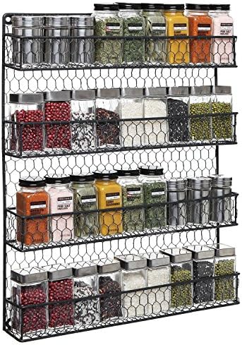 MyGift 4-Tier Black Chicken Wire Spice Rack Wall Mount Organizer, Pantry Seasoning Jars and Condiment Storage Shelves