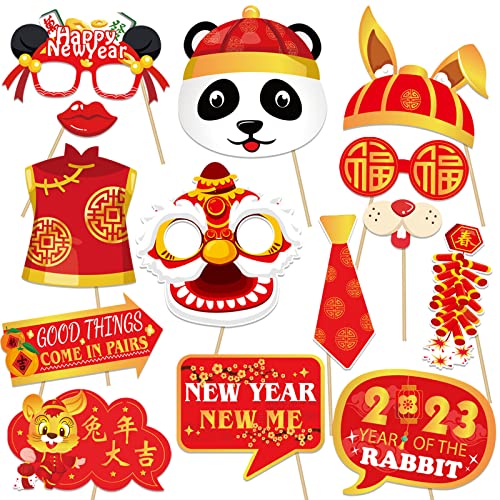 Howaf Chinese New Year Photo Booth Props Kit, 2023 Year Of The Rabbit Photo Props For Lunar New Year Party Decorations Supplies, Spring Festival Selfie Props For Kids Adults New Year Eve Party Favors #TOP4
