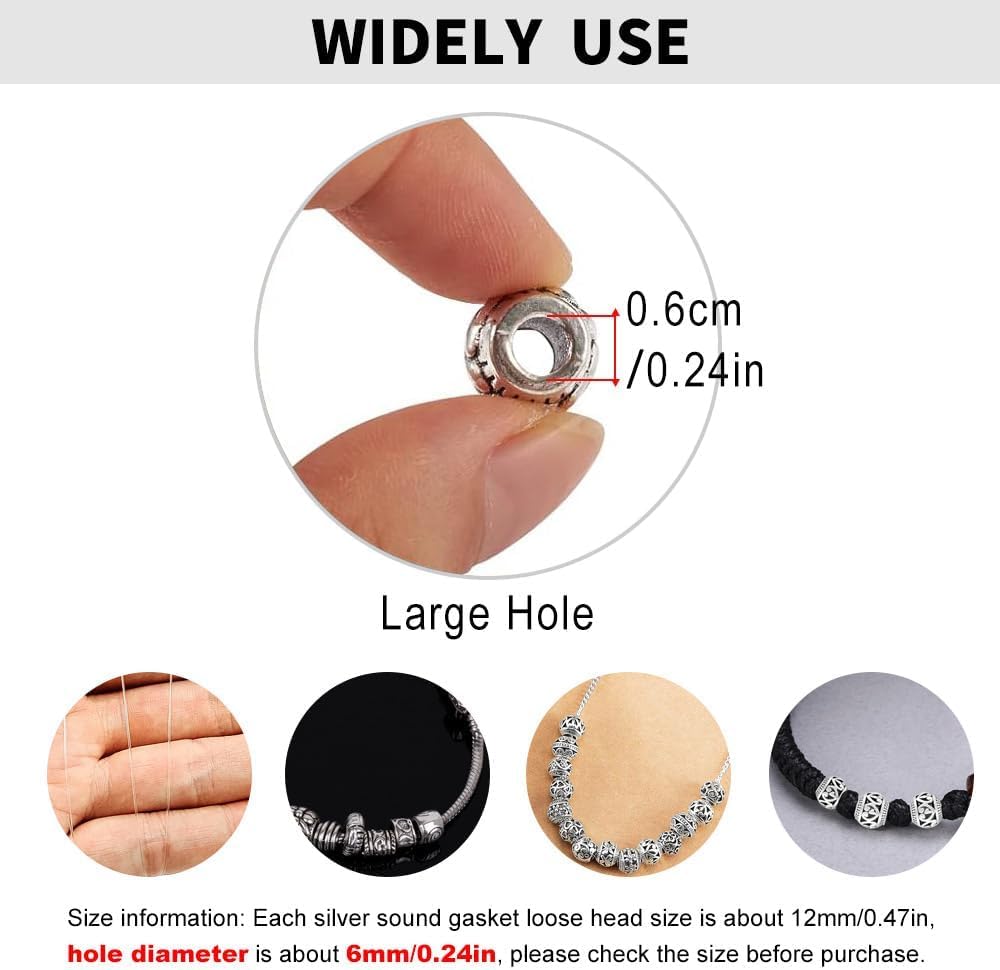 40Pcs Metal Tube Spacer Beads for Jewelry Making Necklace, Silver Large Hole Paracord Beads Bracelets Spacers Charms Loose Beads-5Style - Image 5