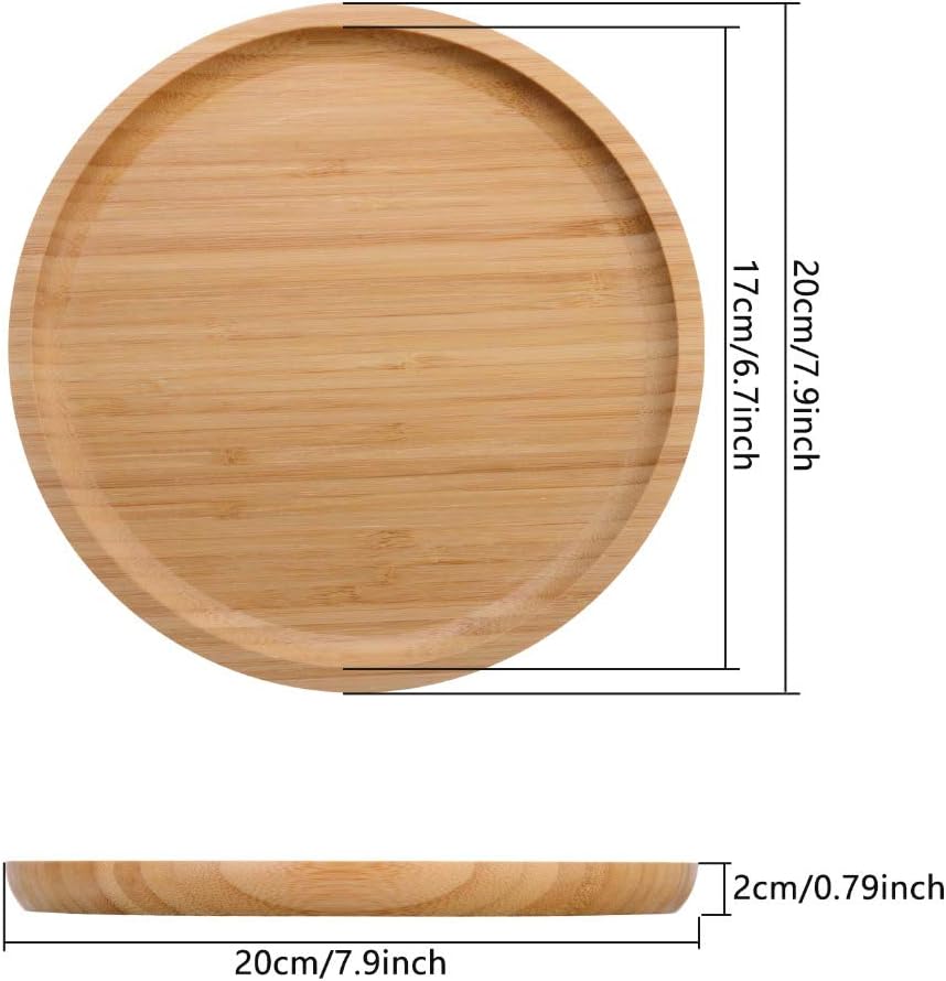 竹製植物受け皿2点、丸型小石トレイ、屋内植物用、ポットトレイソーサー 8インチ用、大きな皿(20cm)