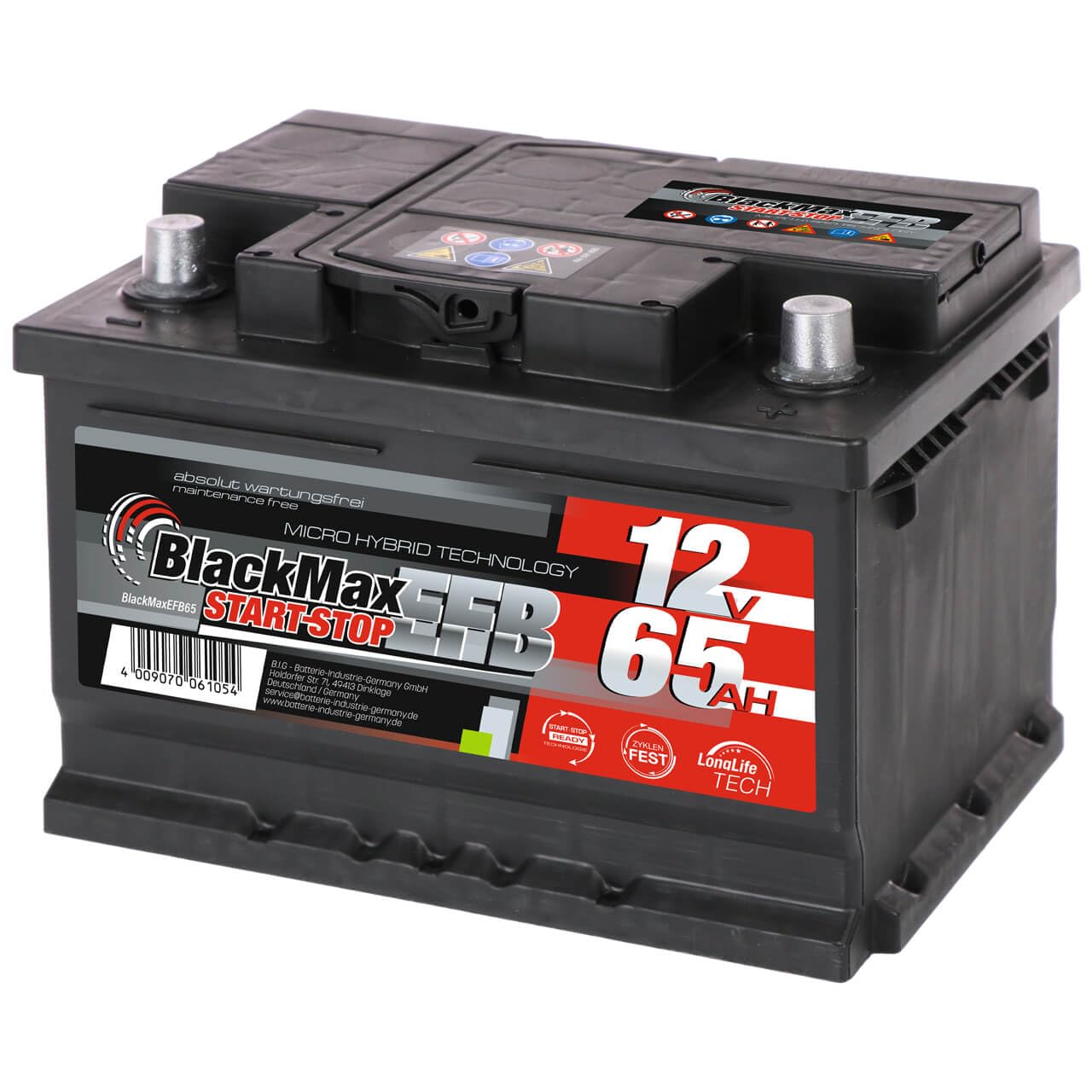 BlackMax EFB Start-Stop 65Ah 12V 600A/EN Autobatterie (L2) – Ersatz für 60Ah, 62Ah, 63Ah – Maße (LxBxH) 242x175x190 mm