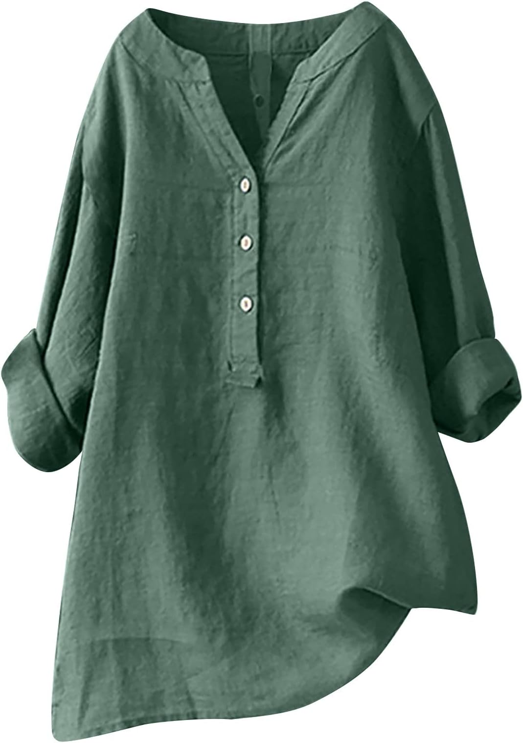 Longline Tops for Women UK Summer Cotton Linen Blouse Plus Size Tunic Tops Grandad Collar V Neck Casual Dress Blouse Elegant Business Office Work Tee Shirts Loose Rolled Long Sleeve Shirts