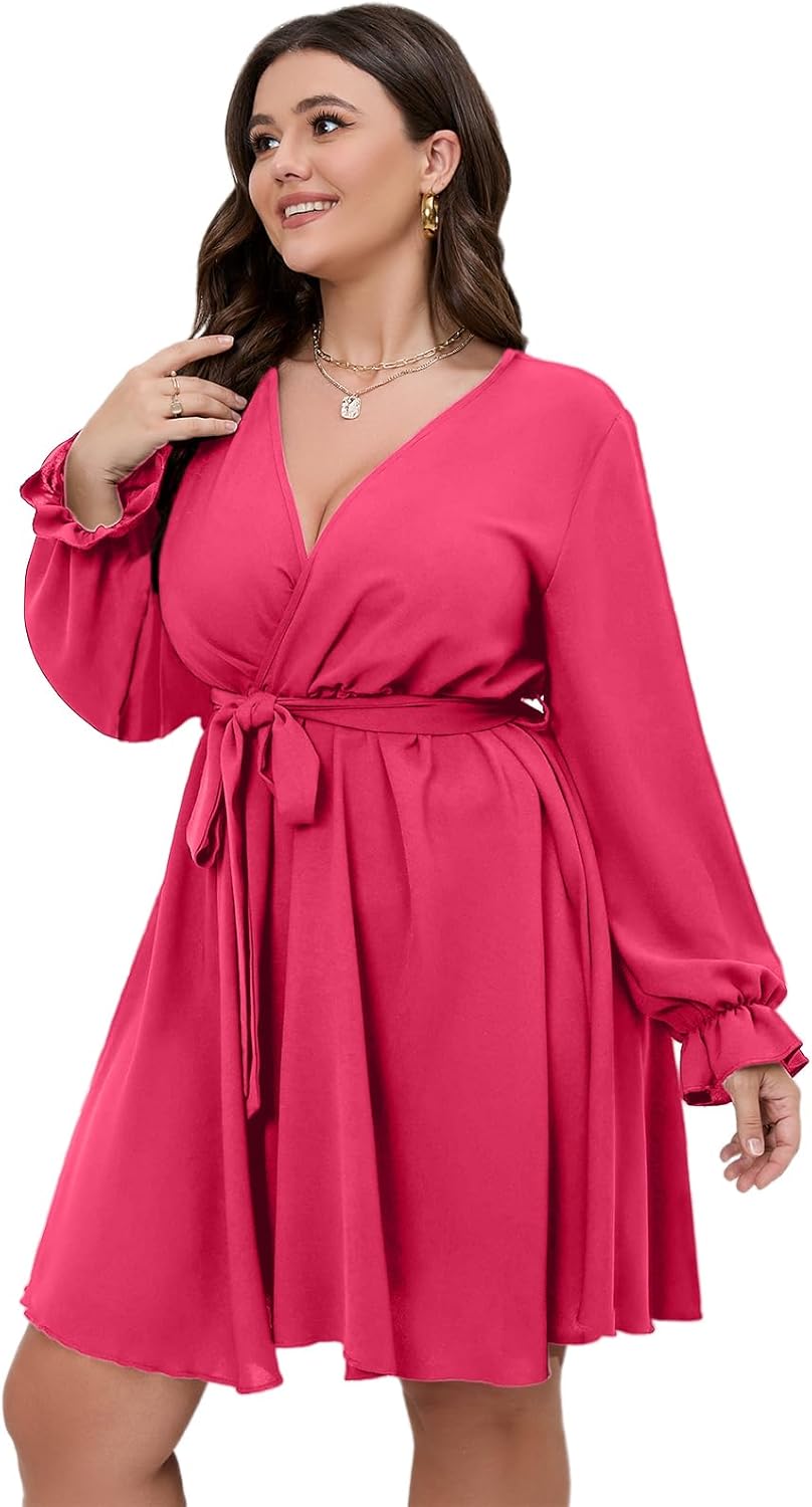 SCOMCHIC Women's Plus Size Long Sleeve Wrap V Neck Tie Waist A Line Mini Dress - Image 3