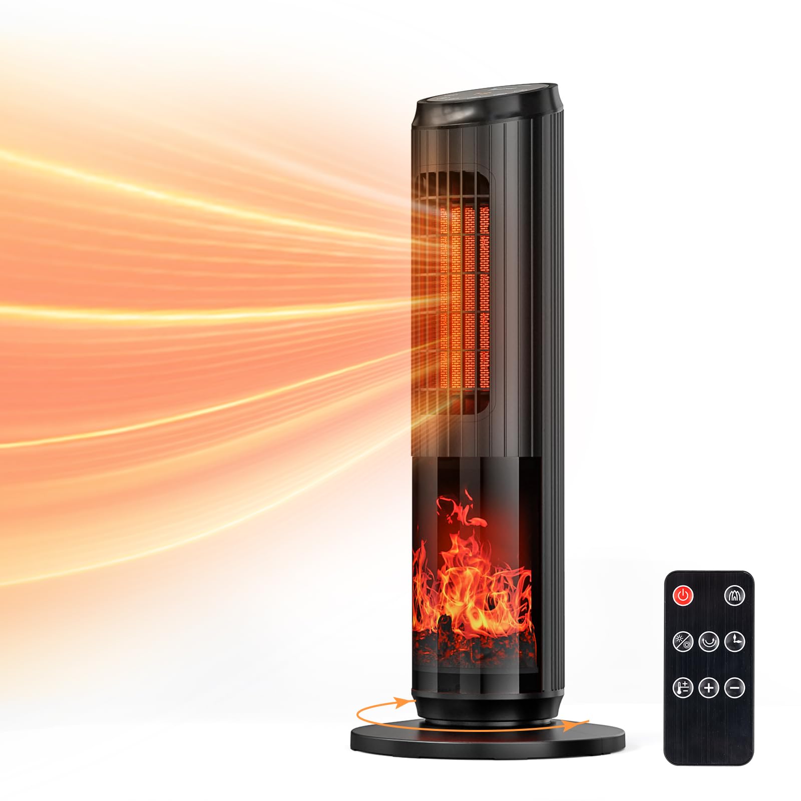 ROVSUN1500W Electric Space Heater w/Remote & 3D Flame, 25" Portable Tower Heater w/Oscillating, Timer, Adjustable Thermostat, Tip-over & Overheat Protection for Indoor Bedroom Living Room Office