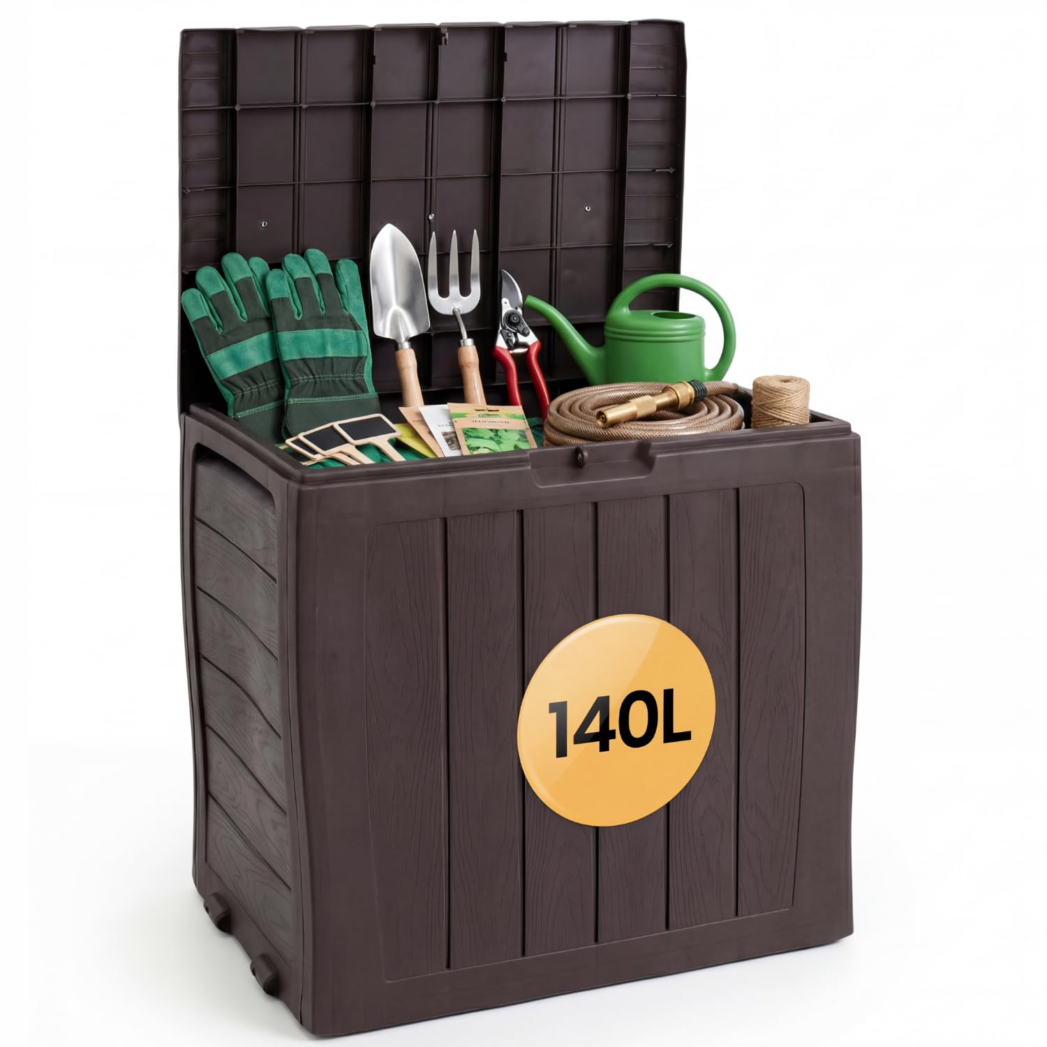 NOVECRAFTO 140L Plastic Garden Storage Box – Lockable Lid & Padlock, 4 Wheels, Brown Wood Panel Effect – Waterproof & Weather-Resistant Outdoor Storage Box for Cushions & Tools (60 x 44 x 57cm)