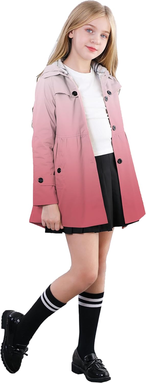 Betusline Girl's Single Breasted Trench Coat Hooded Dress Coat Outerwear, 2-14 Years