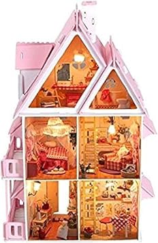 NWFashion Childrens 17" 2 Floors with Furnitures Lights DIY Kits Assemble Miniature Wooden DollhouseSunshine Alice