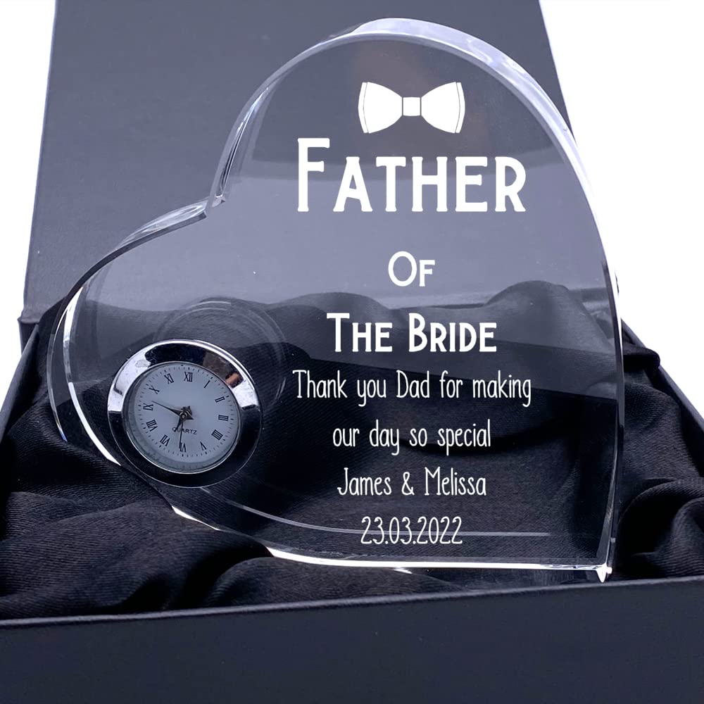 Ukgiftstoreonline Clear Engraved Heart Crystal Glass Clock Father Of The Bride Wedding Gift