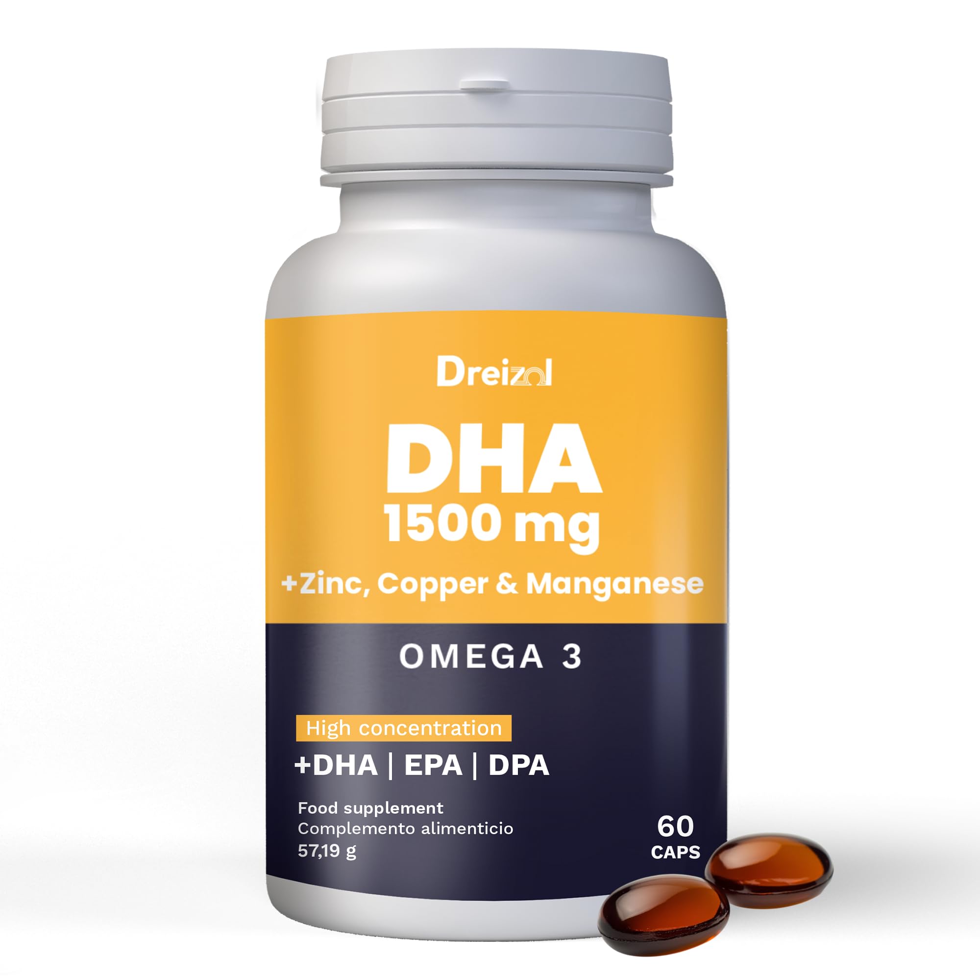 Omega 3 DHA 1500 mit EPA und DPA + Magnesium, Zink und Kupfer - Hohe Konzentration - Unterstützt Augengewebe, Netzhaut sowie Herz- und Gehirngesundheit - Glutenfrei - GMO-frei - 60 Kapseln