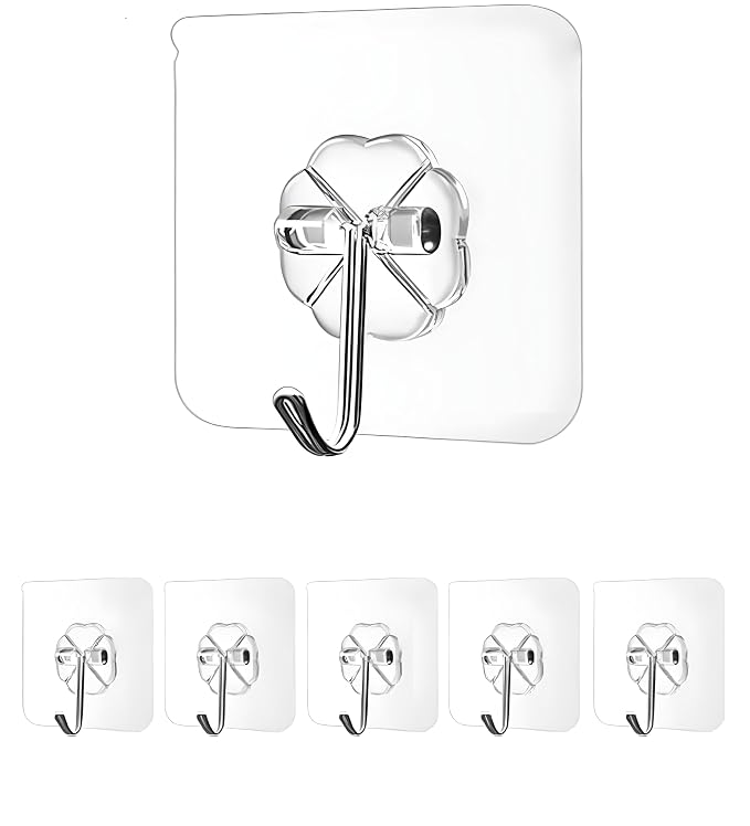 MAPPERZ Self Adhesive Wall Hooks/Heavy Duty Sticky Hooks for Hanging/Waterproof Transparent Adhesive Hooks - 10 Kg Max Weight (Pack of 5)