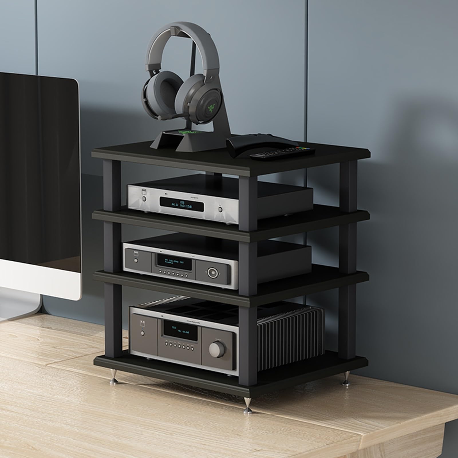 Soporte AV para equipos de juegos y audio, consola que ahorra espacio con estantes, elegante estante AV para entretenimiento en casa y reproducción de discos
