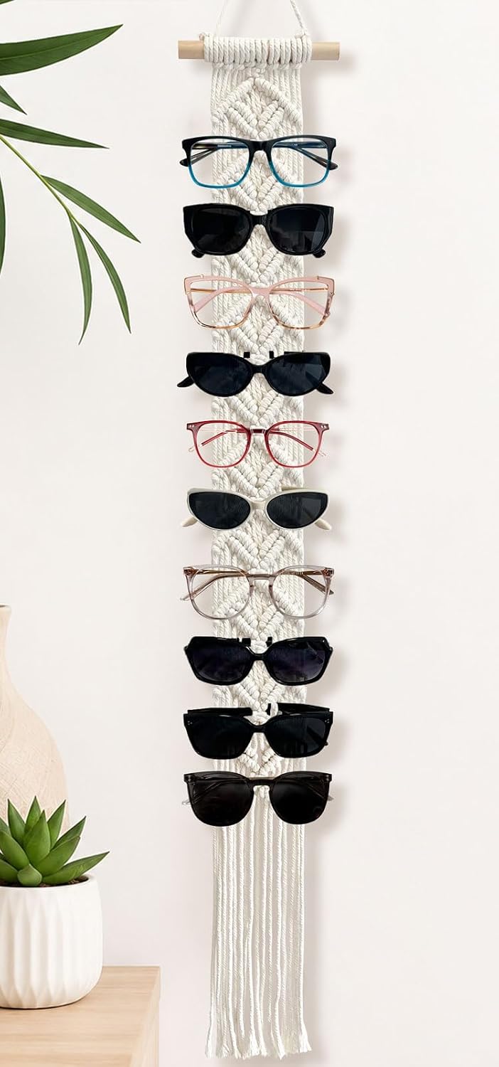 Boho Sunglasses Holder Macrame Wall-Mounted Eyeglasses Organizer Holds 10 Pairs, Handwoven Cotton Rope Glasses Display Rack with Wood Rod, Space-Saving Sunglass Storage for Bedroom Closet Entryway