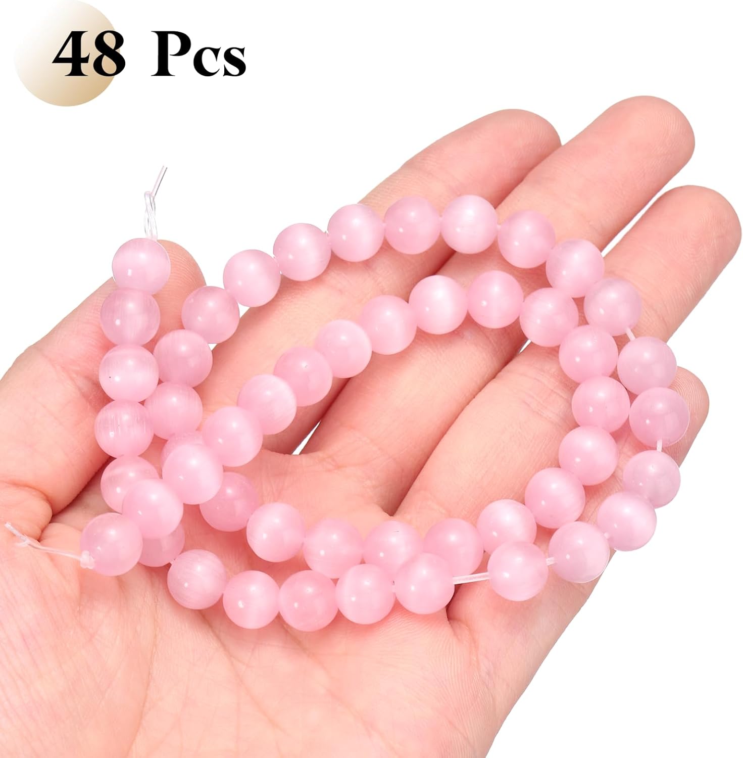 HARFINGTON 48pcs Pink Cat's Eye Stone Beads 8mm Round Smooth Gemstone Crystal Loose Bead for Jewelry Making Bracelets Necklace Earrings DIY - Image 3