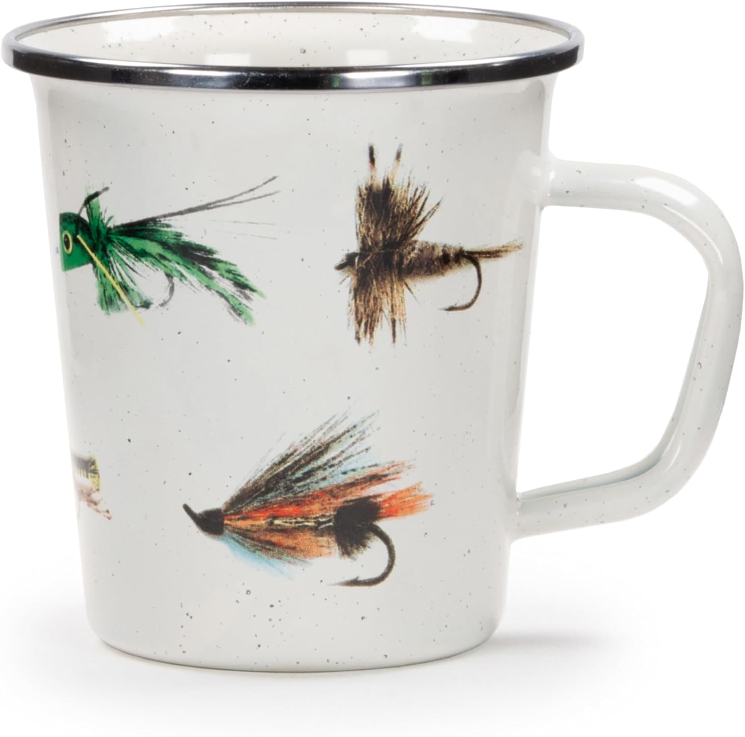 Golden Rabbit Enamelware Latte Coffee or Tea Mugs, 16 ounce, Fishing Fly, Set of 4