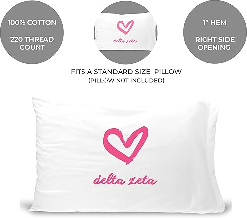 Miniatura 2 de sockprints Funda de almohada Delta Zeta, nombre de hermandad con diseño de corazón. Funda de almohada 100% algodón tamaño estándar 20 x 30 pulgadas