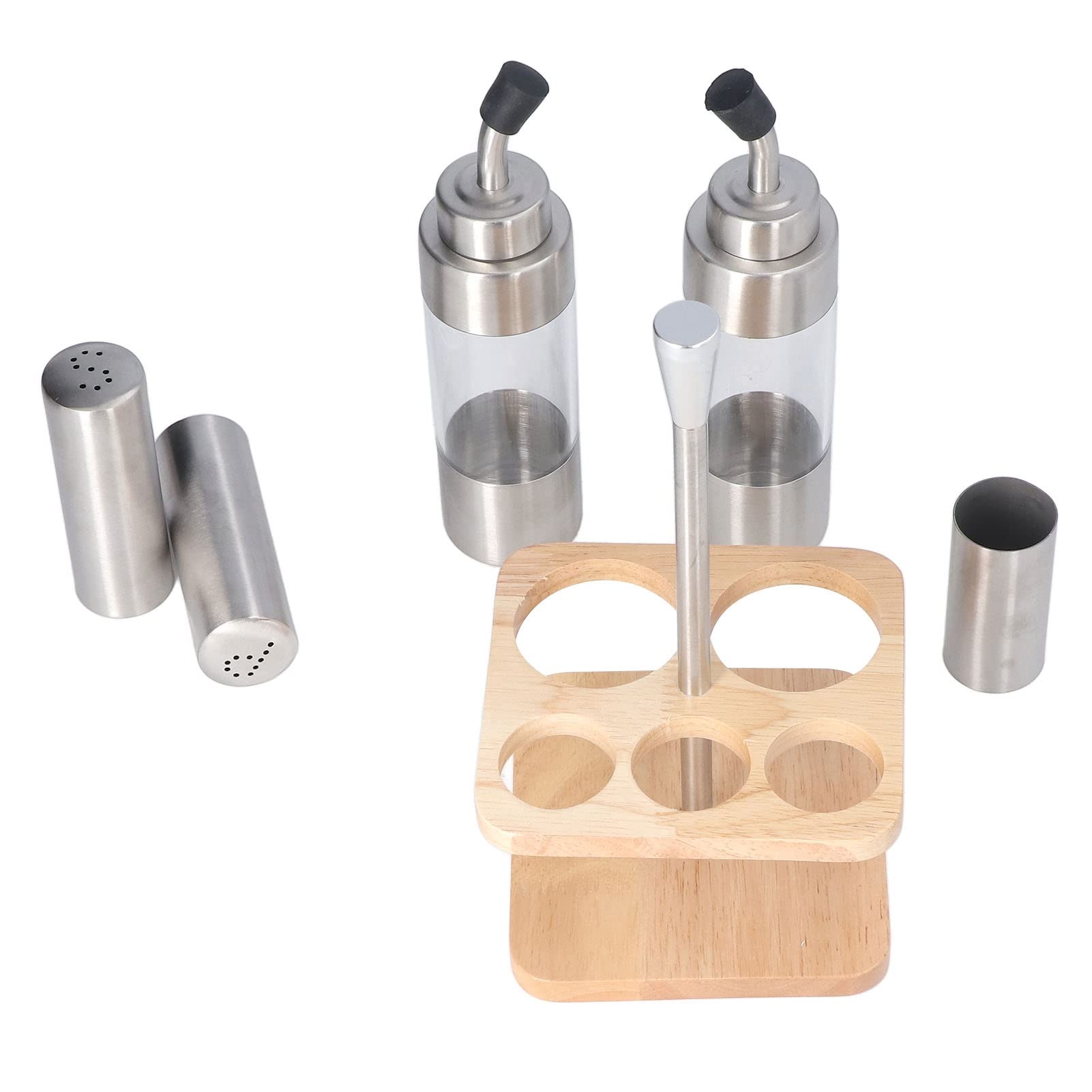 Gewürzflaschen-Set mit Holzregal, 304 Edelstahl Küchentisch-Gewürzhalter für Öl, Salz, Sojasoße und Essig, 5-teiliges Gewürzdispenser-Set mit Buchenholzständer