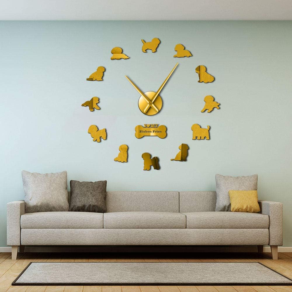 Bichon Frise Large 3D Mirror Effect Wall Clock Silent Non Ticking Movement Clock Bichon à Poil frisé Wall WatchGold 37 inch(90cm)